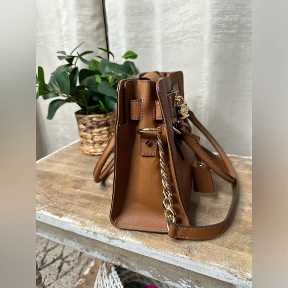 Authentic Michael Kors Hamilton Saffiano Tan Leather Sachel with lock and key